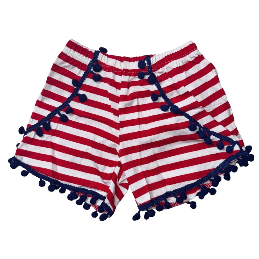 THBC Shorts Kids XL Red & White Striped Cotton Elastic Waist Pom Trim
